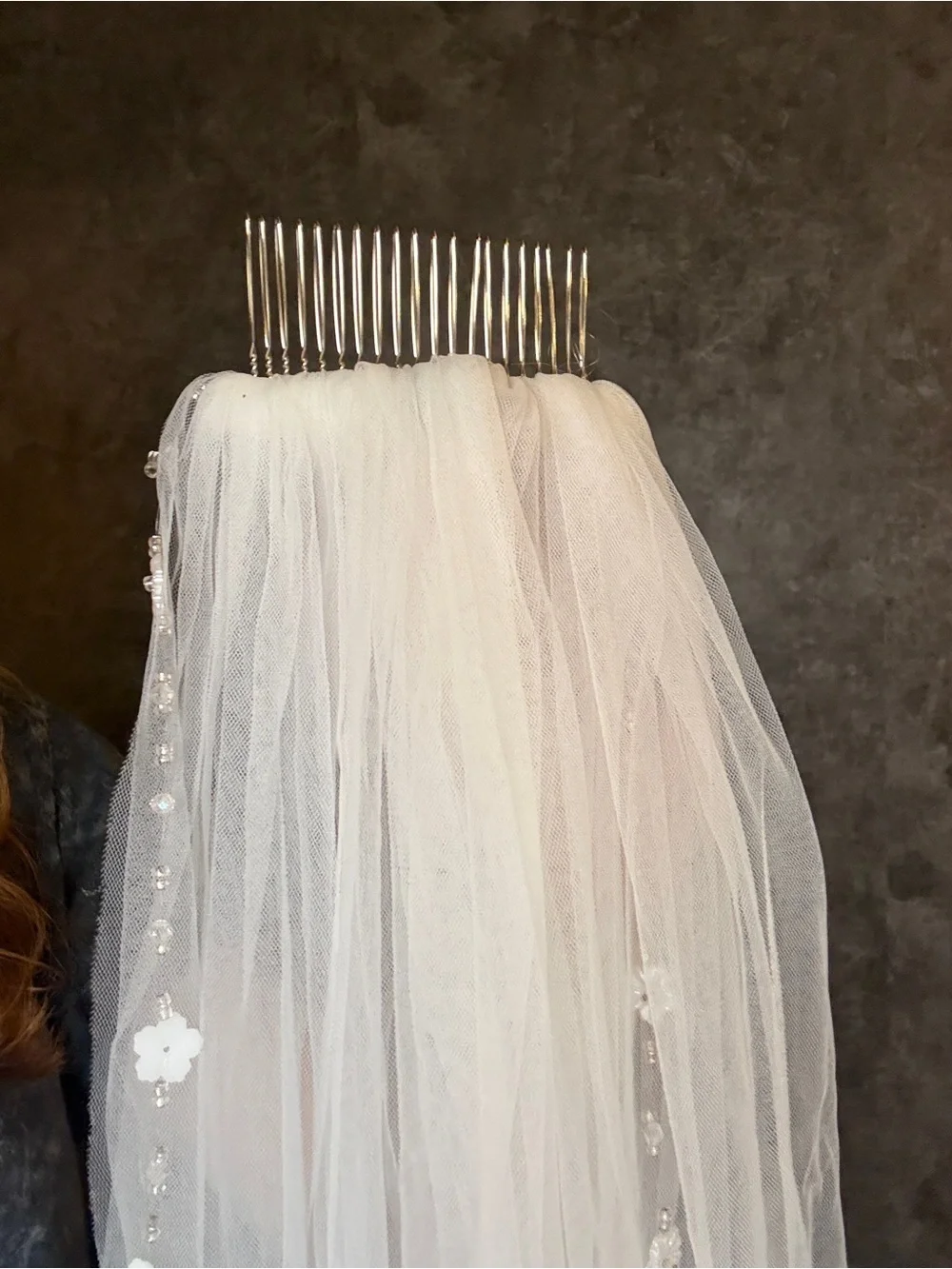 Vintage 1990s Fingertip Length Veil with Flower Beading